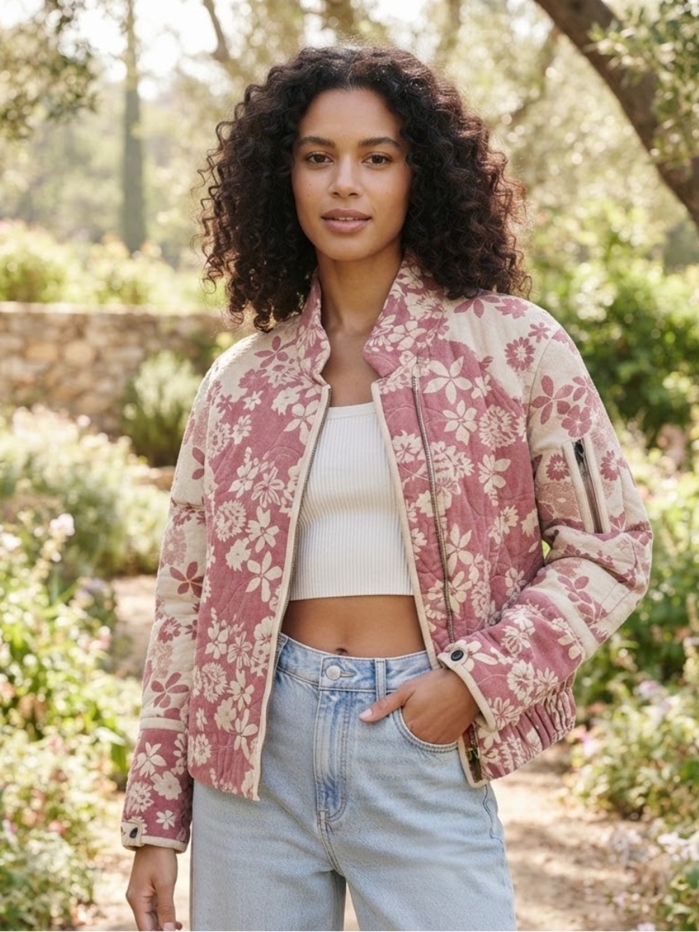 💕Coming Soon! Oli & Hali Floral Linen Quilted Jacket - Dusty Rose/Cream